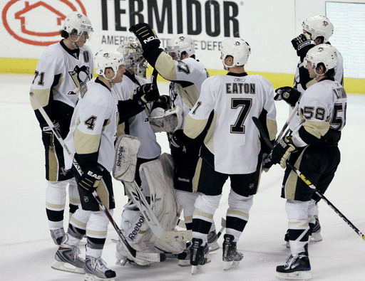 Evgeni Malkin, Rob Scuderi, Marc-Andre Fleury, Petr Sýkora, Mark Eaton, Kristopher Letang