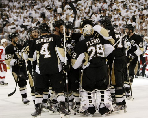 Rob Scuderi, Marc-Andre Fleury, Evgeni Malkin, Pittsburgh Penguins 