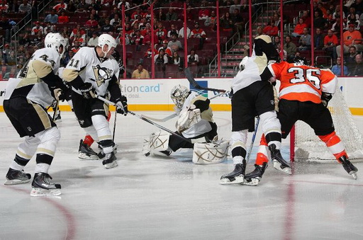 Brooks Orpik, Jordan Staal, Mark Eaton, Marc-Andre Fleury, Darroll Powe