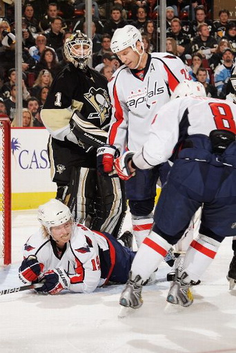 Nicklas Backstrom, Mike Knuble, Alex Ovechkin, Brent Johnson