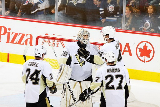 Matt Cooke, Marc-Andre Fleury, Simon Despres, Craig Adams