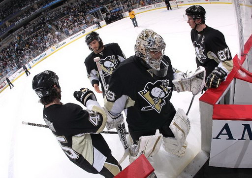 Arron Asham, Kristopher Letang, Marc-Andre Fleury, Sidney Crosby