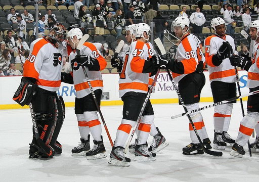 Ilya Bryzgalov, Matt Read, Eric Wellwood, Jaromír Jágr, Wayne Simmonds