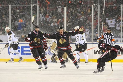 Nick Leddy, Jonathan Toews, Patrick Sharp